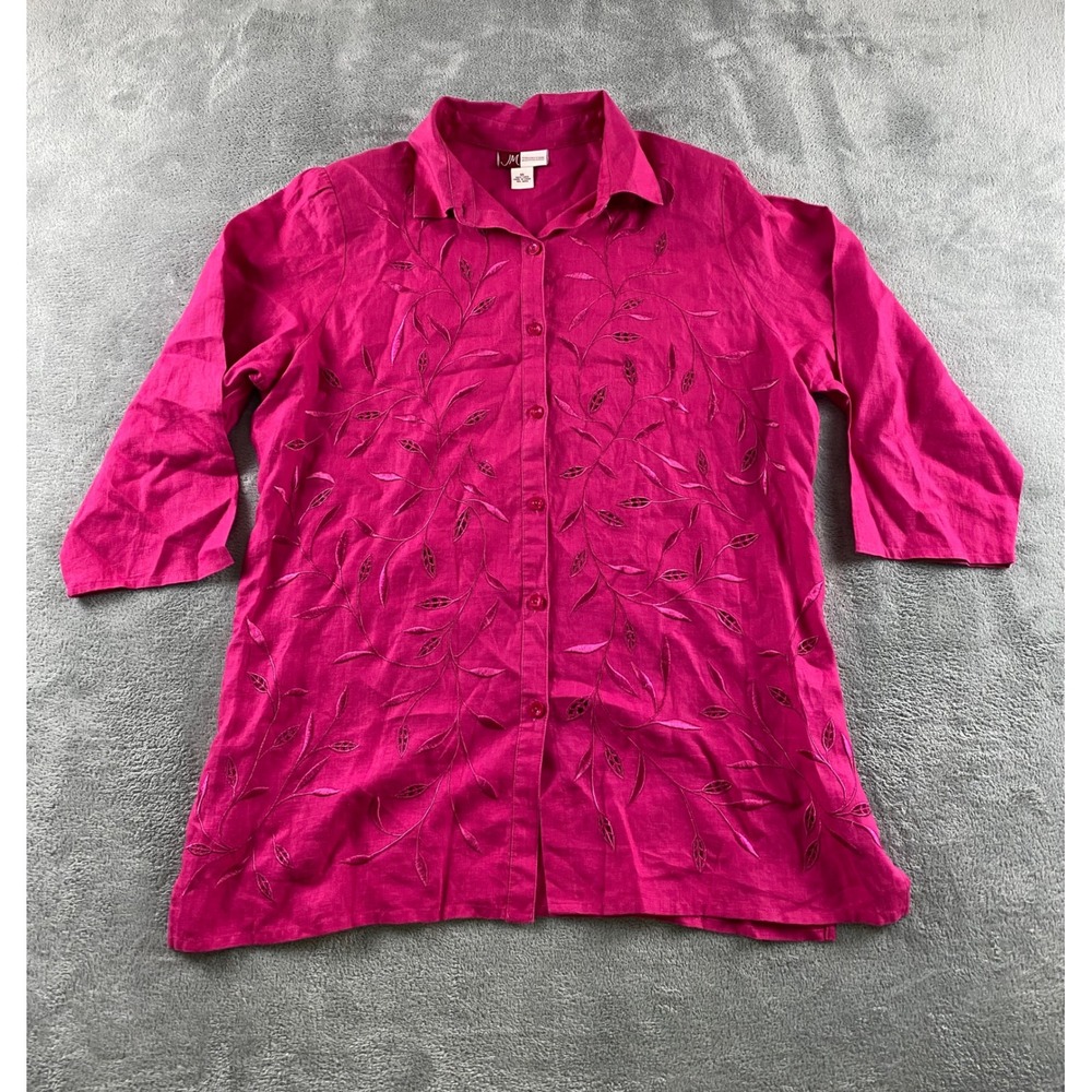JM Collection Women Pink 100% Linen Embroidered Eyelet 3/4 Sleeve Blouse Size 16